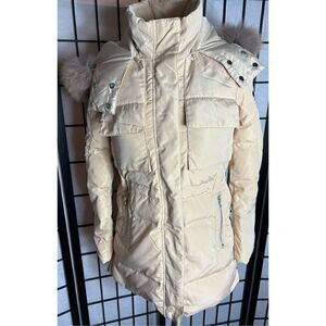 Faux Fur Trimmed Cream Puffer Coat